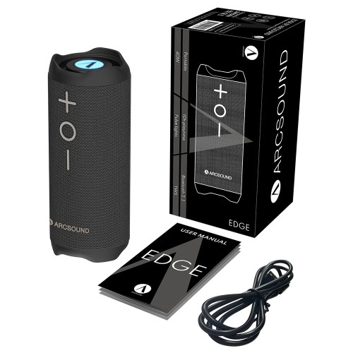 ARCSOUND EDGE – NEŠIOJAMA BLUETOOTH KOLONĖLĖ SU LED APŠVIETIMU, ATSPARI VANDENIUI/DULKIŲ, SU STEREO FUNKCIJOMIS IR PAPILDOMU ERDVINIU „STADIUM SOUND“ EFEKTU. VEIKIMO LAIKAS (AKUMULIATORIUS) IKI 10 VALANDŲ 