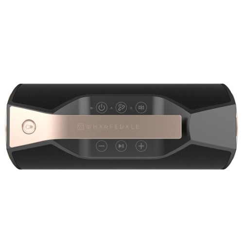 WHARFEDALE EXSON-M – NEŠIOJAMAS BLUETOOTH GARSIAKALBIS. GALINGUMAS: 25 W (MAKSIMALUS), BATERIJA: 5000 MAH, ATKŪRIMO LAIKAS: IKI 8 VALANDŲ, ĮKROVIMO LAIKAS: APIE 4 VALANDAS (NAUDOJANT USB TYPE-C ĮKROVIMĄ) 