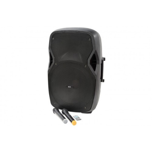 QTX PAL15 NEŠIOJAMA GARSO SISTEMA SU AKUMULIATORIUMI, LED ŠVIESOS EFEKTU + 2 VNT BELAIDŽIŲ VHF MIKROFONŲ, USB/SD/FM/BLUETOOTH 