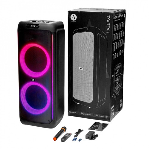 ARCSOUND HAZE XXL NEŠIOJAMA GARSO KOLONĖLĖ SISTEMA SU BEVIELIU MIKROFONU. LED APŠVIETIMU, SD/USB, GALIA 200 W / RMS, VEIKIMO TRUKMĖ: 7 VAL. BLUETOOTH 5.0 