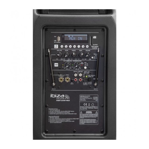 IBIZA SOUND PORT12VHF-MKII NEŠIOJAMA GARSO SISTEMA SU AKUMULIATORIUMI + 2 VNT VHF BELAIDŽIAI MIKROFONAI, USB/SD/AUX/BLUETOOTH 