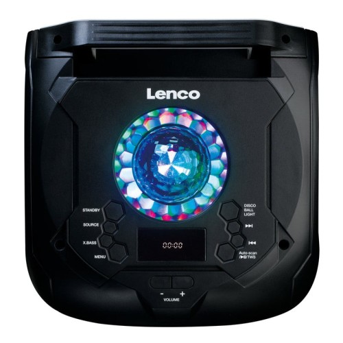 LENCO PA 260BK, NEŠIOJAMA GARSO SISTEMA SU RGB APŠVIETIMU GALIA: 150W, ĮMONTUOTAS D KLASĖS STIPRINTUVAS SU X-DRIVE RĖŽIMU, VEIKIMO LAIKAS IKI 12 VAL. (SU ĮJUNGTU APŠVIETIMU IKI 6 VAL.) 