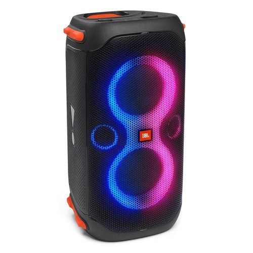 JBL PARTYBOX 110, NEŠIOJAMA GARSO SISTEMA SU APŠVIETIMU GALIA: 160W, VEIKIMO LAIKAS: 12 VAL. ĮKROVOS LAIKAS: 3.5 VAL. ATSPARI VANDENS PURSLAMS (IPX4) 