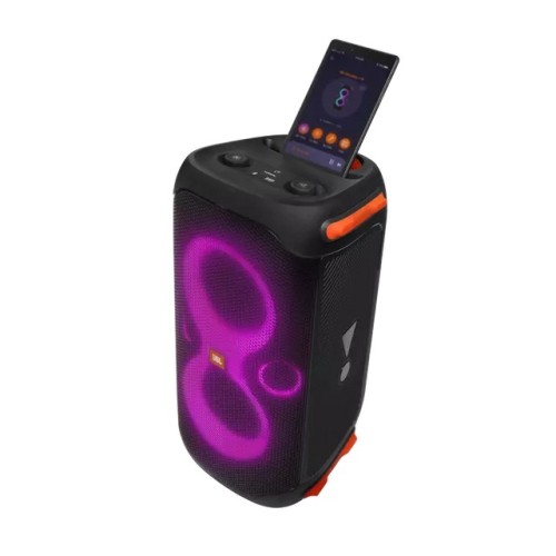 JBL PARTYBOX 110, NEŠIOJAMA GARSO SISTEMA SU APŠVIETIMU GALIA: 160W, VEIKIMO LAIKAS: 12 VAL. ĮKROVOS LAIKAS: 3.5 VAL. ATSPARI VANDENS PURSLAMS (IPX4) 
