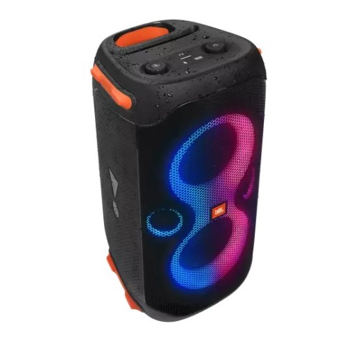 JBL PARTYBOX 110, NEŠIOJAMA GARSO SISTEMA SU APŠVIETIMU GALIA: 160W, VEIKIMO LAIKAS: 12 VAL. ĮKROVOS LAIKAS: 3.5 VAL. ATSPARI VANDENS PURSLAMS (IPX4) 