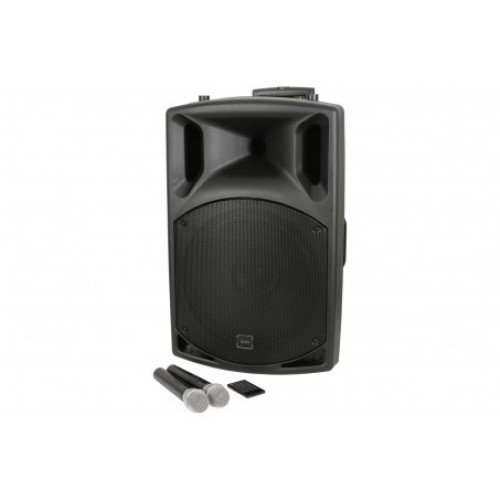 QTX QX15PA-PLUS ĮKRAUNAMA GARSO SISTEMA 2 X UHF MIKROFONAI IKI 8 VAL. GROJIMAS STIPRINTUVO IŠĖJIMAS 50 + 50WRMS GALIOS SUVARTOJIMAS 220-240VAC, 50/60HZ (IEC) 