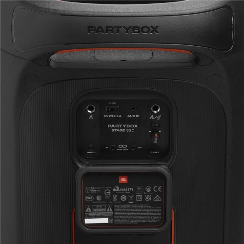 JBL PARTYBOX 320 NEŠIOJAMA BELAIDĖ BLUETOOTH GARSO SISTEMA GROJIMO LAIKAS IKI 18 VAL, GALIA 240W IPX4 ATSPARUMO VANDENIUI STANDARTAS ŠVIESOS EFEKTAI IR MIKROFONO VALDYMAS 