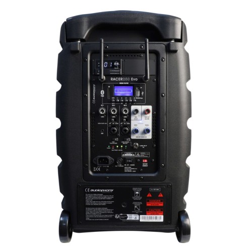 AUDIOPHONY RACER250 EVO – 12″ NEŠIOJAMA AKTINĖ KOLONĖLĖ SU BATERIJA, USB/SD/BT 5.0, TALK‑OVER FUNKCIJA IR MODULINE UHF MIKROFONO JUNGTIMI 