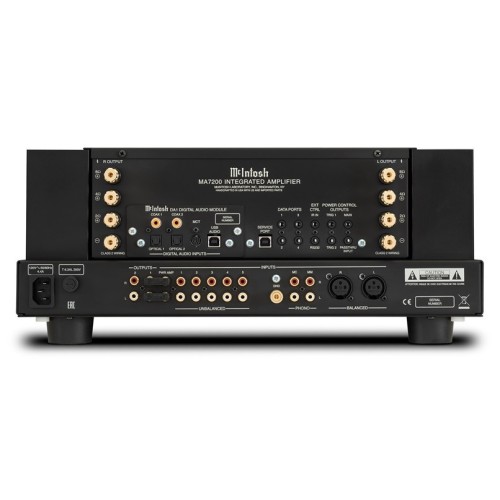 MCINTOSH MA7200 – AUKŠTOS KLASĖS 2 KANALŲ INTEGRUOTAS TRANZISTORINIS STIPRINTUVAS. GALIA: 200 W VIENAM KANALUI PRIE 2, 4 ARBA 8 OMŲ APKROVOS.  DAŽNIŲ JUOSTA: +0, -0,5 DB NUO 10 HZ IKI 100 000 HZ. 