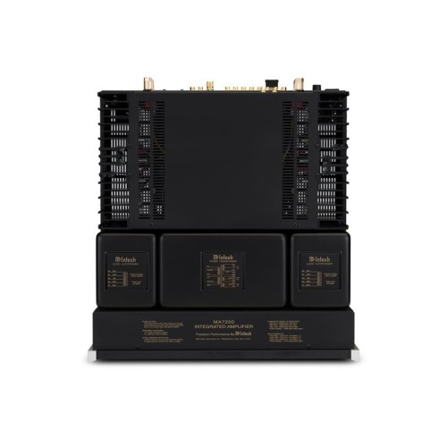 MCINTOSH MA7200 – AUKŠTOS KLASĖS 2 KANALŲ INTEGRUOTAS TRANZISTORINIS STIPRINTUVAS. GALIA: 200 W VIENAM KANALUI PRIE 2, 4 ARBA 8 OMŲ APKROVOS.  DAŽNIŲ JUOSTA: +0, -0,5 DB NUO 10 HZ IKI 100 000 HZ. 