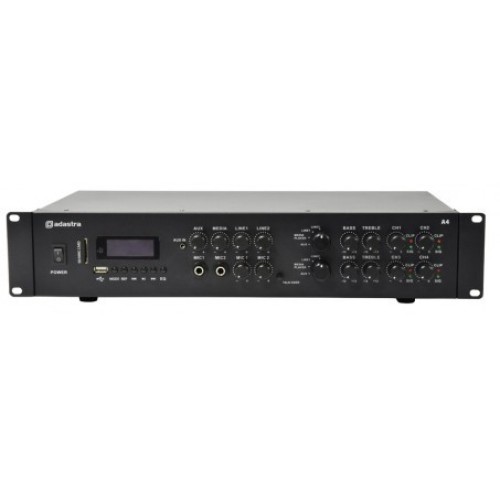ADASTRA A4 DVIGUBAS STEREO STIPRINTUVAS SU MIKŠERIU IR VIDINIU GROTUVU GALIA 4 X 200W, DAŽNIŲ JUOSTA 20HZ - 20KHZ ±0.5DB 