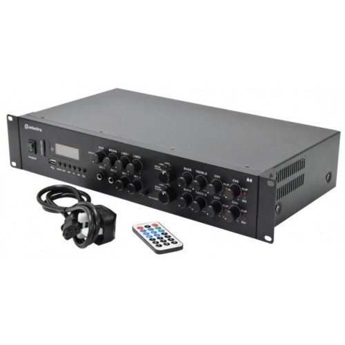 ADASTRA A4 DVIGUBAS STEREO STIPRINTUVAS SU MIKŠERIU IR VIDINIU GROTUVU GALIA 4 X 200W, DAŽNIŲ JUOSTA 20HZ - 20KHZ ±0.5DB 