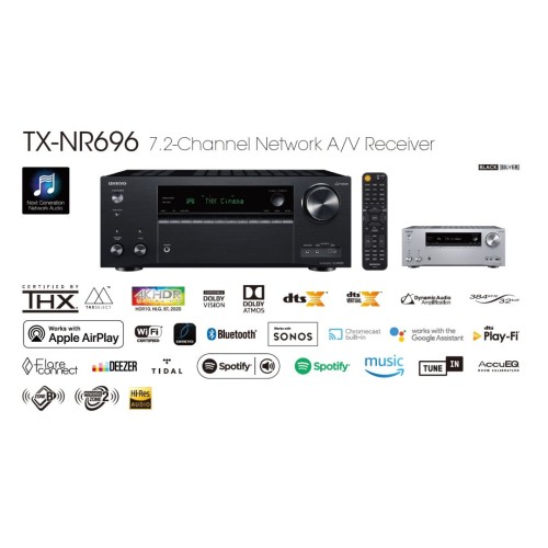 ONKYO TX-NR696 7.2 KANALO TINKLINIS NAMŲ KINO STIPRINTUVAS RESYVERIS 7X175W THX® CERTIFIED SELECT™ CHROMECAST, AIRPLAY 2, DTS PLAY-FI®, FLARECONNECT™, SPOTIFY®, AMAZON MUSIC, TIDAL, DEEZER, TUNEIN 