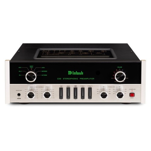MCINTOSH C22 MK V – AUKŠTOS KLASĖS 2 KANALŲ LEMPINIS PRADINIS STIPRINTUVAS. GALIA: 12 V (BALANSUOTAS IŠĖJIMAS), 6 V (NEBALSANSUOTAS IŠĖJIMAS).  DAŽNIŲ JUOSTA: +0, -0,5 DB NUO 10 HZ IKI 100 000 HZ. 