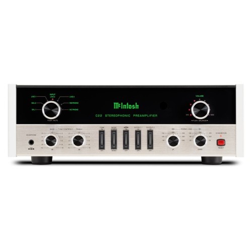 MCINTOSH C22 MK V – AUKŠTOS KLASĖS 2 KANALŲ LEMPINIS PRADINIS STIPRINTUVAS. GALIA: 12 V (BALANSUOTAS IŠĖJIMAS), 6 V (NEBALSANSUOTAS IŠĖJIMAS).  DAŽNIŲ JUOSTA: +0, -0,5 DB NUO 10 HZ IKI 100 000 HZ. 