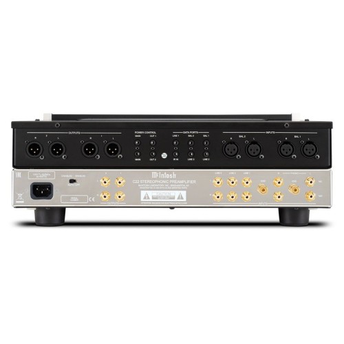 MCINTOSH C22 MK V – AUKŠTOS KLASĖS 2 KANALŲ LEMPINIS PRADINIS STIPRINTUVAS. GALIA: 12 V (BALANSUOTAS IŠĖJIMAS), 6 V (NEBALSANSUOTAS IŠĖJIMAS).  DAŽNIŲ JUOSTA: +0, -0,5 DB NUO 10 HZ IKI 100 000 HZ. 