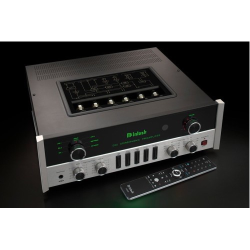 MCINTOSH C22 MK V – AUKŠTOS KLASĖS 2 KANALŲ LEMPINIS PRADINIS STIPRINTUVAS. GALIA: 12 V (BALANSUOTAS IŠĖJIMAS), 6 V (NEBALSANSUOTAS IŠĖJIMAS).  DAŽNIŲ JUOSTA: +0, -0,5 DB NUO 10 HZ IKI 100 000 HZ. 