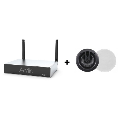 KOMPLEKTAS: ARYLIC A30+ BELAIDIS MINI MULTI-ROOM STEREO STIPRINTUVAS + 2 VNT. DYNAVOICE SYSTEMONE IC670 SLIM ĮMONTUOJAMAS GARSIAKALBIS 