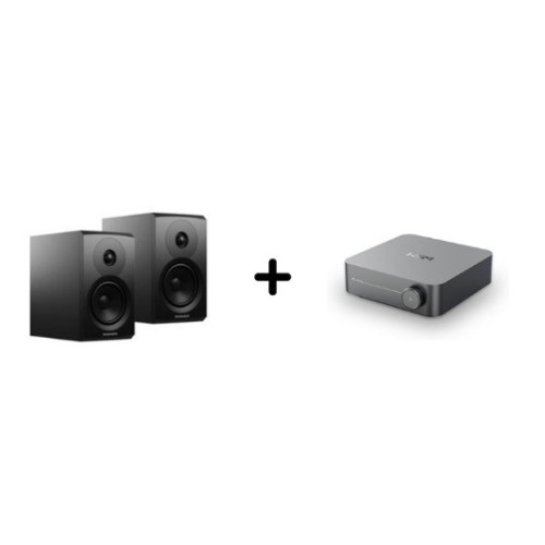 STEREO HI-FI KOMPLEKTAS, WIIM AMP + DYNAUDIO EMIT 10 LENTYNINĖS GARSO KOLONĖLĖS 