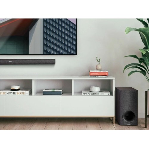 DENON DHT-S416 GARSO KOLONĖLĖ SOUNDBARAS GARSO SISTEMA SU BEVIELE ŽEMŲ DAŽNIŲ KOLONĖLE WIFI IR HDMI ARC INTEGRUOTAS GOOGLE CHROMECAST IR HEOS TECHNOLOGIJA, DENON PURE AUDIO RĖŽIMAS, GALIMYBĖ TRANSLIUOTI MUZIKA BLUETOOTH RĖŽIMU 