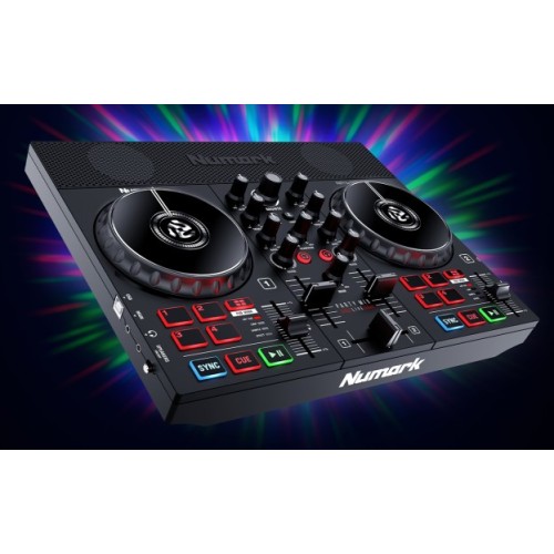 NUMARK PARTY MIX LIVE 2-IŲ KANALŲ DJ VALDIKLIS SU ĮMONTUOTAIS GARSIAKALBIAIS BEI ŠVIESŲ EFEKTAIS 