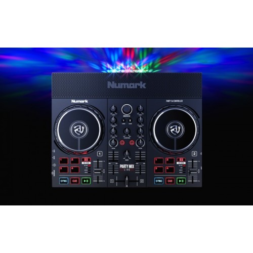 NUMARK PARTY MIX LIVE 2-IŲ KANALŲ DJ VALDIKLIS SU ĮMONTUOTAIS GARSIAKALBIAIS BEI ŠVIESŲ EFEKTAIS 