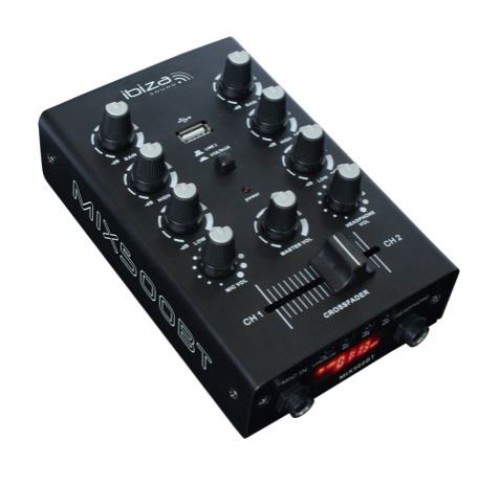 IBIZA SOUND MIX500BT MIKŠERIS 2 KANALAI, USB JUNGTIS, BLEUTOOTH, MIKROFONO IR AUSINIŲ GARSO VALDYMAS