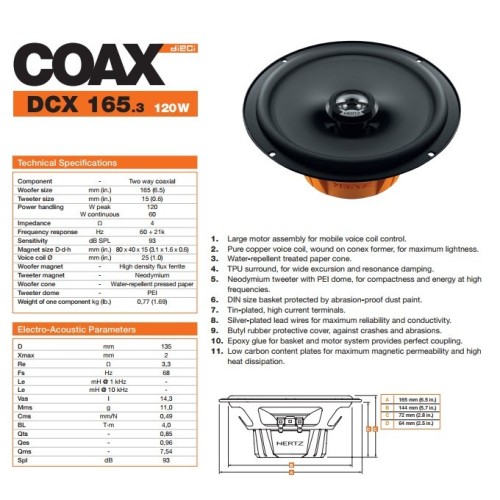HERTZ DIECI DCX 165.3 KOAKSIALINIAI GARSIAKALBIAI AUTOMOBILIUI 16CM 2JŲ JUOSTŲ 240W 