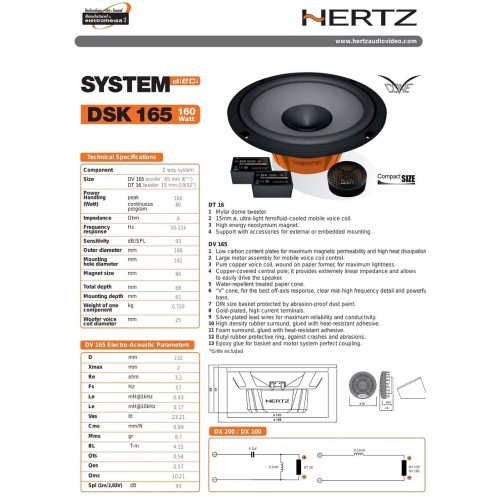 HERTZ DIECI DSK 165.3 GARSIAKALBIAI AUTOMOBILIUI KOMPONENTAI 16.5CM 2JŲ JUOSTŲ 160W 