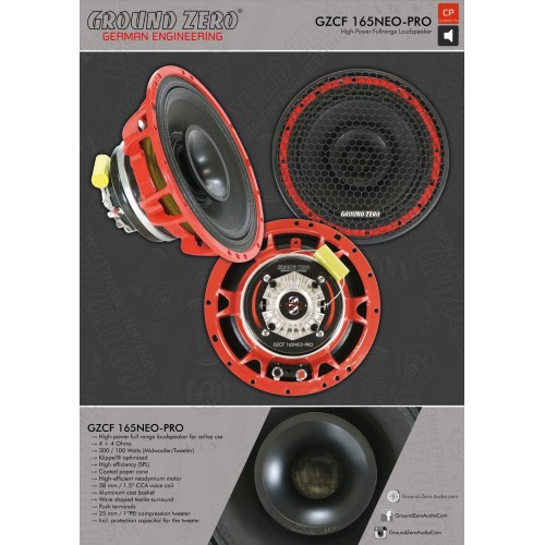 GROUND ZERO GZCF 165NEO-PRO AUTOMOBILINĖ KOAKSIALINIŲ GARSIAKALBIŲ KOMPLEKTAS GALIA: 400 W , DAŽNIŲ JUOSTA: 150 HZ – 20 KHZ. 