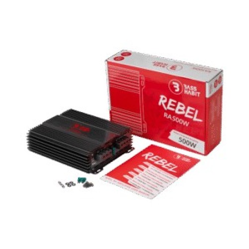 BASS HABIT REBEL RA500W – 2 KANALŲ AUTOMOBILINIS STIPRINTUVAS (CLASS AB). GALIA (RMS): • 2 × 125 W PRIE 2 Ω ĮTAMPOS   • 2 × 75 W PRIE 4 Ω   • 1 × 250 W PRIE 4 Ω, JUNGUS KANALUS (BRIDGED / TILTU) 