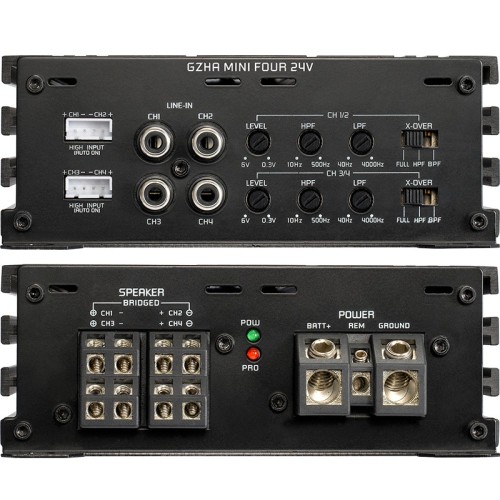 GROUND ZERO GZHA MINI FOUR 24V 4-RIŲ KANALŲ AUTOMOBILINIS GARSO STIPRINTUVAS GALIA 4X 130 W RMS, DAŽNIŲ JUOSTA 5 HZ – 38 KHZ 