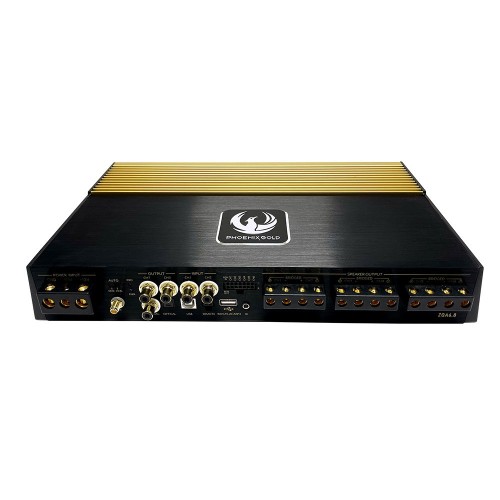 PHOENIX GOLD ZQA6.8 – TAI AUKŠČIAUSIOS KLASĖS 6 KANALŲ STIPRINTUVAS SU 8 KANALŲ DSP. GALIA:  6 × 85 W RMS PRIE 4 Ω  6 × 130 W RMS PRIE 2 Ω  4 × 95 W + 1 × 280 W (TILTUOJANT PRIE 4 Ω)​. DAŽNIŲ ATSAKAS: 10 HZ – 22 KHZ. 