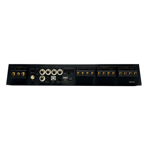 PHOENIX GOLD ZQA6.8 – TAI AUKŠČIAUSIOS KLASĖS 6 KANALŲ STIPRINTUVAS SU 8 KANALŲ DSP. GALIA:  6 × 85 W RMS PRIE 4 Ω  6 × 130 W RMS PRIE 2 Ω  4 × 95 W + 1 × 280 W (TILTUOJANT PRIE 4 Ω)​. DAŽNIŲ ATSAKAS: 10 HZ – 22 KHZ. 
