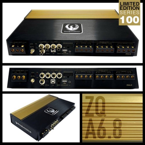 PHOENIX GOLD ZQA6.8 – TAI AUKŠČIAUSIOS KLASĖS 6 KANALŲ STIPRINTUVAS SU 8 KANALŲ DSP. GALIA:  6 × 85 W RMS PRIE 4 Ω  6 × 130 W RMS PRIE 2 Ω  4 × 95 W + 1 × 280 W (TILTUOJANT PRIE 4 Ω)​. DAŽNIŲ ATSAKAS: 10 HZ – 22 KHZ. 