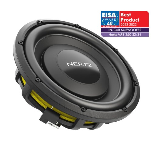 HERTZ MPS 250 S4, AUTOMOBILINIS ŽEMŲ DAŽNIŲ GARSIAKALBIS REKOMEND. STIPRINTUVO GALIA: 500W, DAŽNIŲ JUOSTA: 25 - 400 HZ, MONTAVIMO GYLIS: 82,6 MM 