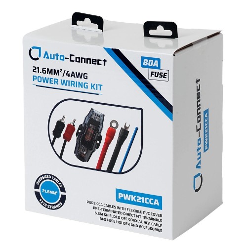 AUTO-CONNECT PURE CCA KABELIŲ RINKINYS, 21,6 MM² SKIRTAS AUTOMOBILINIŲ STIPRINTUVŲ MAITINIMUI IKI 1000 W GALIOS, ĮSKAITANT IR MAITINIMO LAIDUS, SAUGIKLIUS, LAIKIKLIUS 