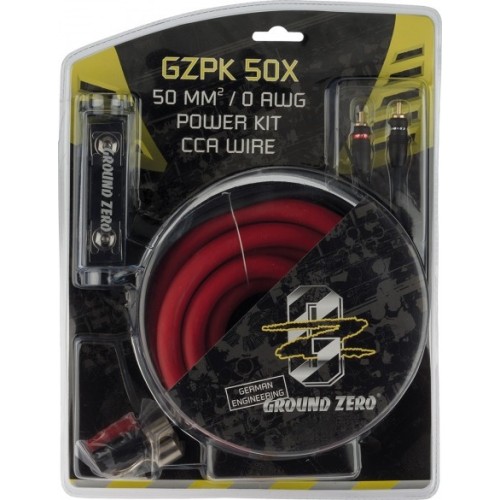 GROUND ZERO GZPK 50X LAIDŲ KOMPLEKTAS PAJUNGTI STIPRINTUVĄ 5.2M 50MM2 AUKŠTOS KOKYBĖS MAITINIMO KABELIS
