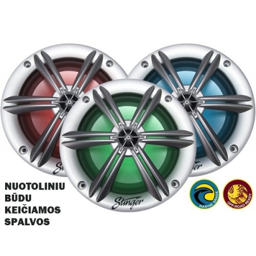 STINGER SEA65RGB-S, MARINE KLASĖS GARSIAKALBIAI ATSPARŪS VANDENIUI IR DRUSKOMS GALIA: 75W RMS, INTEGRUOTAS ĮVAIRIŲ SPALVŲ RGB APŠVIETIMAS SU NUOTOLINIU VALDYMU 
