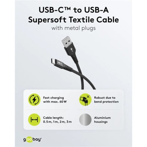 GOOBAY USB-C Į USB-A, TEKSTILINIS KABELIS, 15W, 1 M GOOBAY USB-C Į USB-A, TEKSTILINIS KABELIS, 15W, 1 M