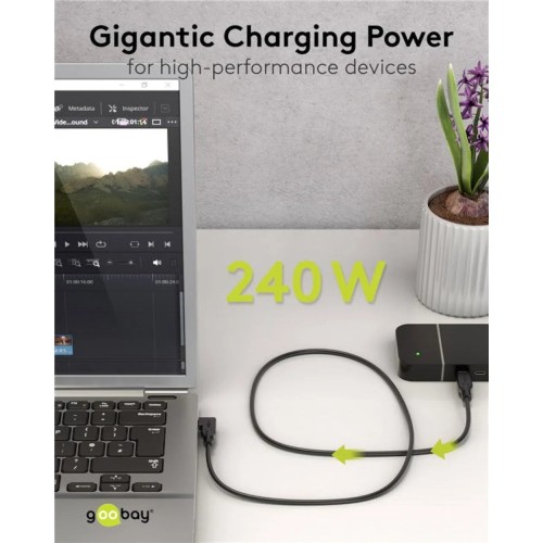 GOOBAY USB-C, GREITO ĮKROVIMO KABELIS 2 M, 240 W PD, USB4, 40 GBIT/S, 90° GOOBAY USB-C, GREITO ĮKROVIMO KABELIS 2 M, 240 W PD, USB4, 40 GBIT/S, 90°