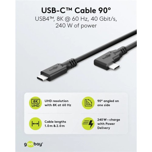 GOOBAY USB-C, GREITO ĮKROVIMO KABELIS 2 M, 240 W PD, USB4, 40 GBIT/S, 90° GOOBAY USB-C, GREITO ĮKROVIMO KABELIS 2 M, 240 W PD, USB4, 40 GBIT/S, 90°
