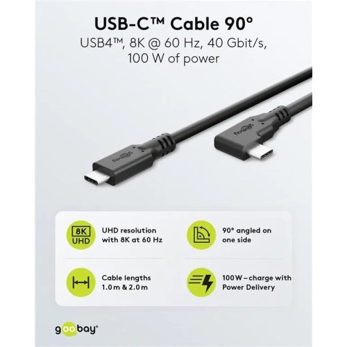 GOOBAY USB-C, GREITO ĮKROVIMO KABELIS 2 M, 100 W PD, USB4, 40 GBIT/S, 90° GOOBAY USB-C, GREITO ĮKROVIMO KABELIS 2 M, 100 W PD, USB4, 40 GBIT/S, 90°