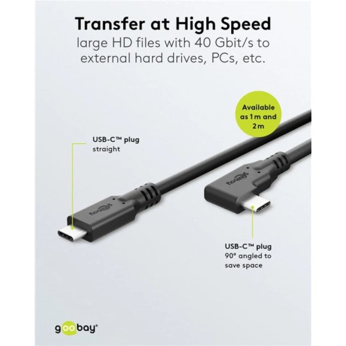 GOOBAY USB-C, GREITO ĮKROVIMO KABELIS 2 M, 100 W PD, USB4, 40 GBIT/S, 90° GOOBAY USB-C, GREITO ĮKROVIMO KABELIS 2 M, 100 W PD, USB4, 40 GBIT/S, 90°