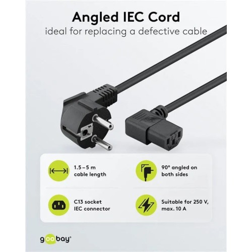 GOOBAY ANGLED IEC CORD, MAITINIMO LAIDAS SU KAMPINĖMIS JUNGTIMIS, 3 M GOOBAY ANGLED IEC CORD, MAITINIMO LAIDAS SU KAMPINĖMIS JUNGTIMIS, 3 M