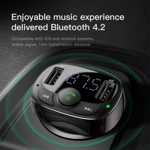 AUTOMOBILINIS ĮKROVIKLIS FM SIŲSTUVAS „AUX“ MODULIATORIUS „BLUETOOTH“ LAISVŲ RANKŲ ĮRANGA BASEUS S09A T-TYPE DUAL USB AUTOMOBILINIS ĮKROVIKLIS FM SIŲSTUVAS „AUX“ MODULIATORIUS „BLUETOOTH“ LAISVŲ RANKŲ ĮRANGA BASEUS S09A T-TYPE DUAL USB